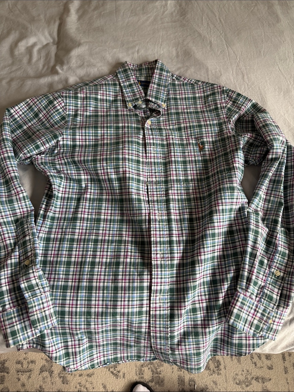 Ralph Lauren Green and White Plaid Button-Down Shirt